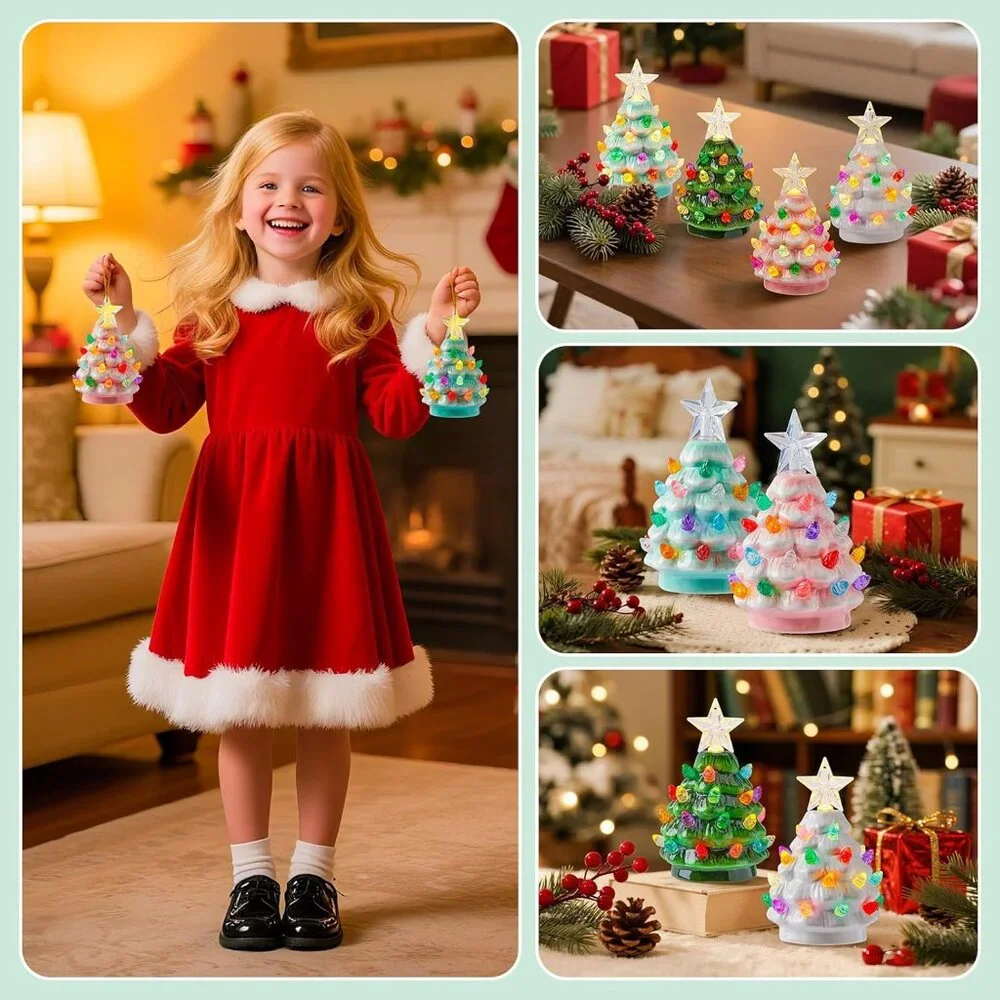 4.3 Inch Mini Ceramic Christmas Tree Set - 4 Pack Tabletop Christmas Tree
